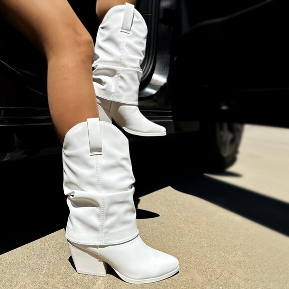 New White Slouchy Fold-Over Cowboy/Cowgirl Western Mid Calf Boot Chunky Med Heel - Picture 2 of 6